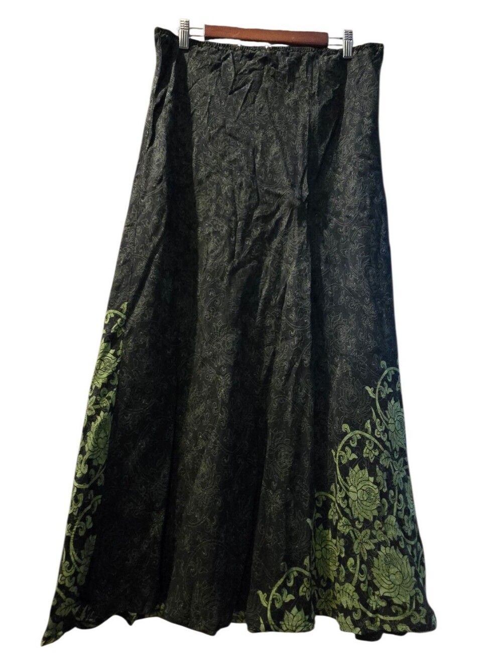 Vintage 90s Citron Santa Monica 100% Silk Floral Maxi Skirt Black Lime Green XL - Picture 2 of 14